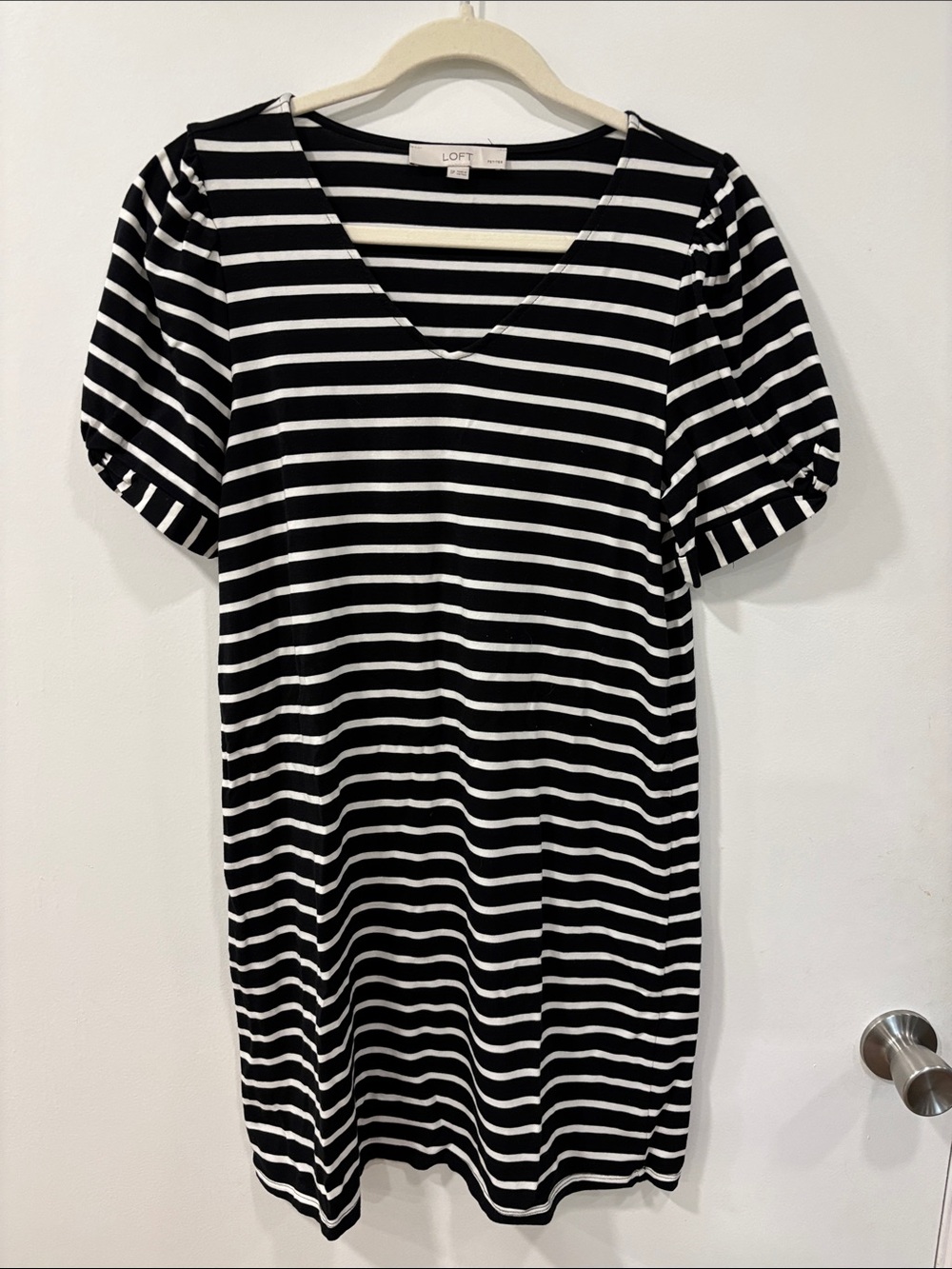 LOFT Black & White Striped V-Neck Puff Sleeve Mini Dress